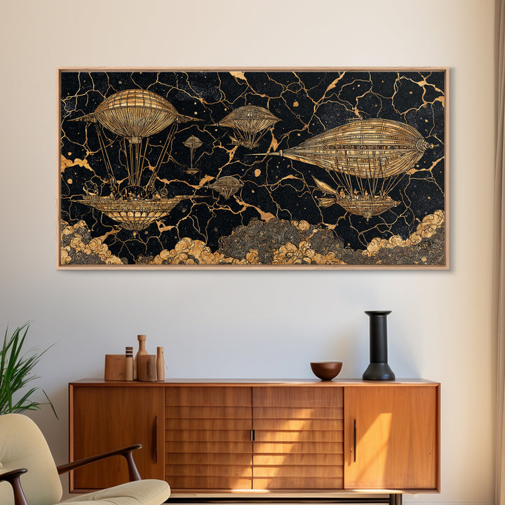 Gold Airship Fantasy Over Black Marble Wall Art, African Inspired Steampunk Canvas Print, Unique Statement Decor Gift For Office
