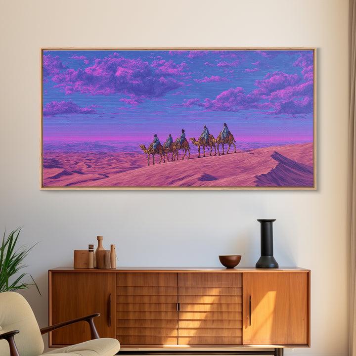 Purple Pink Camel Caravan Wall Art, Dreamy Desert Landscape Print, African Safari Art, Boho Travel Home Decor Gift For Living Room