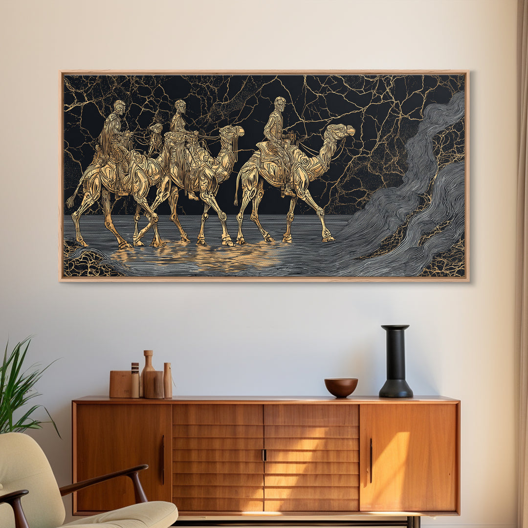 Gold Line Camel Riders Black Marble Wall Art, African Safari Canvas Print, Tribal Desert Decor, Modern Statement Gift For Home