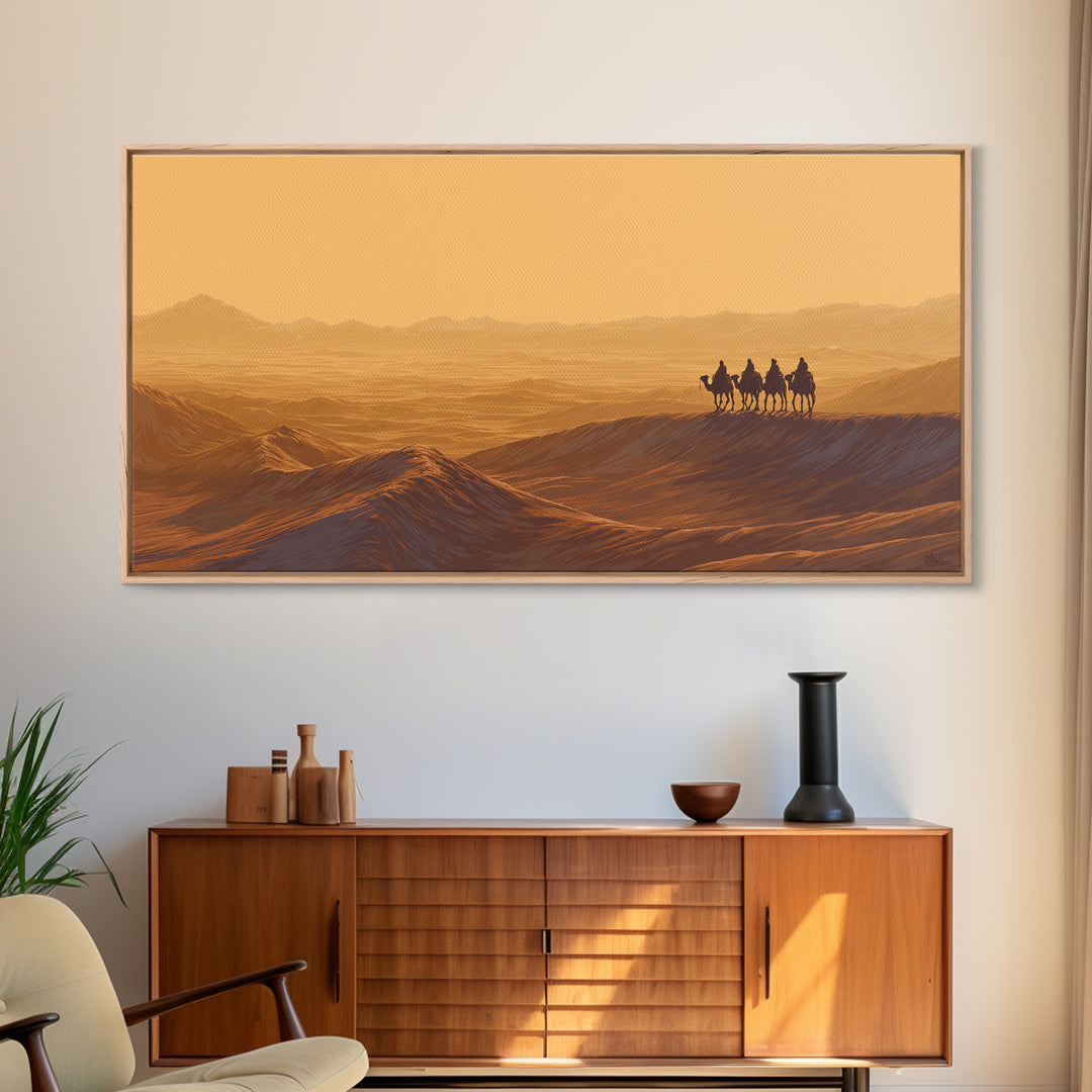 Golden Desert Caravan Silhouette Wall Art, African Landscape, Sahara Travel Poster, Earth Tone Wall Decor, Living Room Art