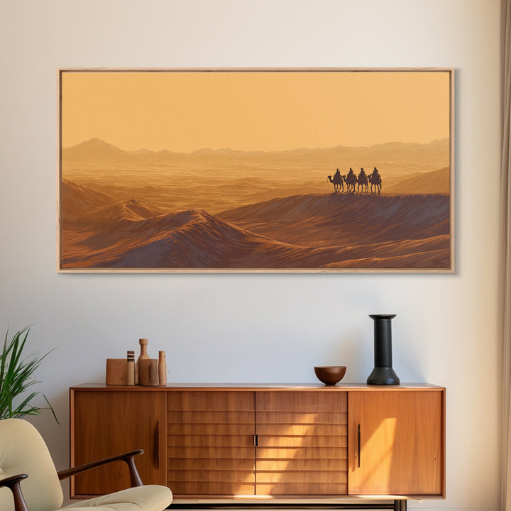 Golden Desert Caravan Silhouette Wall Art, African Landscape, Sahara Travel Poster, Earth Tone Wall Decor, Living Room Art