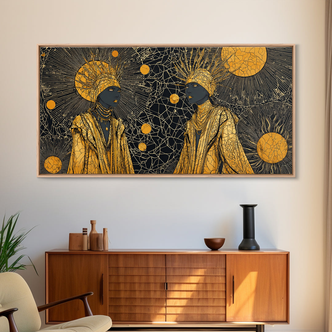 Two Regal African Women Canvas Print, Gold Celestial Portrait, Black Woman Art, Afrocentric Wall Art, Elegant Home Decor