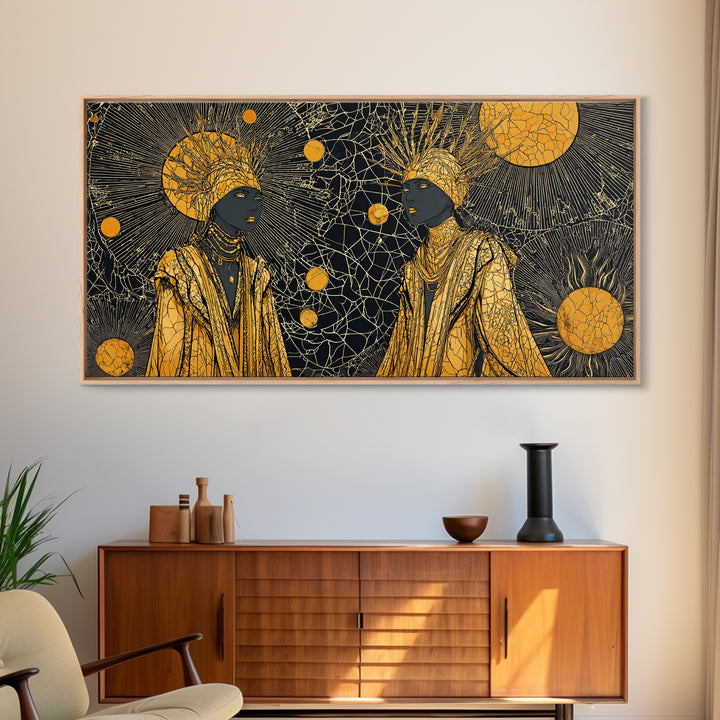 Two Regal African Women Canvas Print, Gold Celestial Portrait, Black Woman Art, Afrocentric Wall Art, Elegant Home Decor