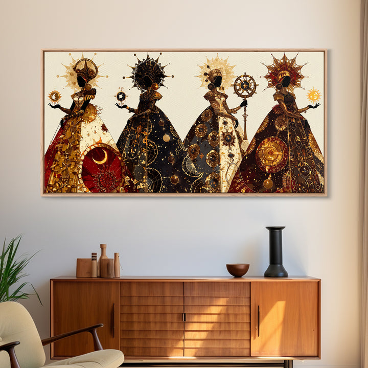 Four Celestial African Queens Framed Canvas Print, Black Goddess Art, Gold Spiritual Wall Decor, Afrocentric Artwork Gift
