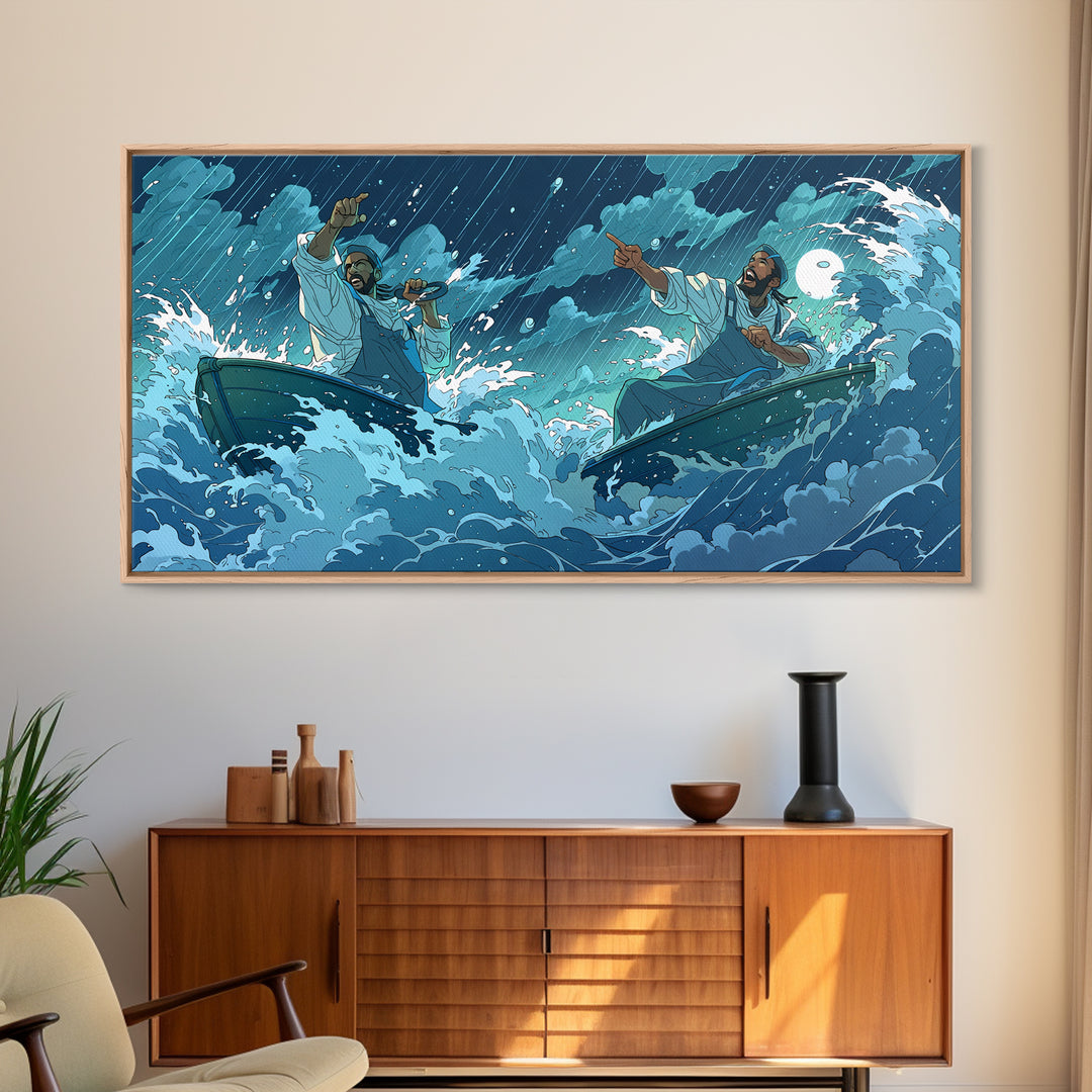 Stormy Sea Boatmen Wall Art, Blue Ocean Waves, African Inspired Spiritual Art, Fishermen Canvas, Dramatic Home Decor Gift