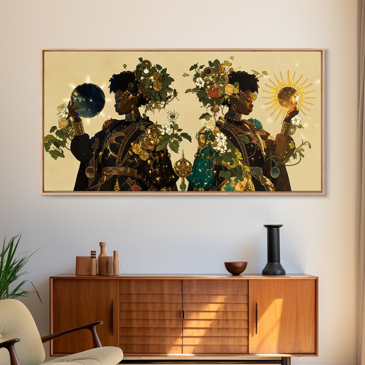 Celestial African Queens With Sun And Moon Framed Canvas Print, Afrocentric Wall Decor, Black Goddess Portrait Art Gift For Her