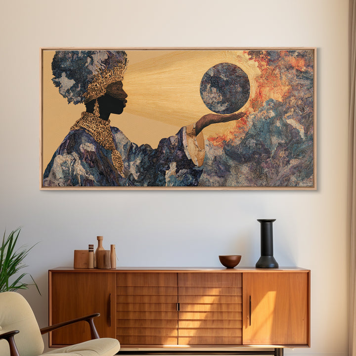 Eclipse African Woman Holding Moon Canvas Print, Afrocentric Wall Art, Black Female Portrait, Celestial Home Decor Gift Idea