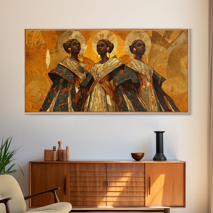 Three Regal African Women In Gold Halos Framed Canvas Print, African Wall Art, Black Queen Portrait, Afrocentric Decor Gift