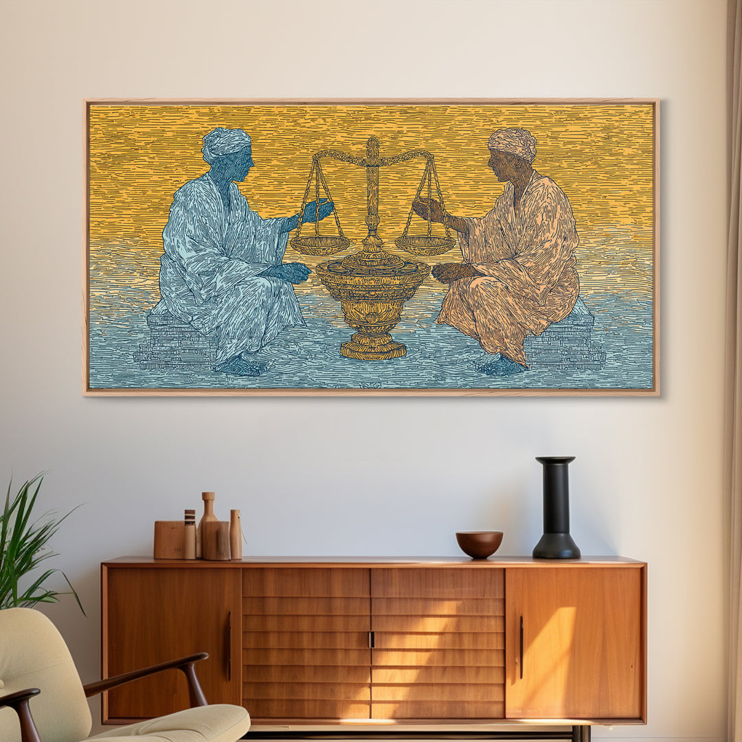 African Elders With Scales Of Justice Canvas Print, Cultural Wall Art, Legal Office Decor, Tribal Wisdom Art Gift For Him