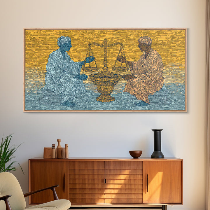 African Elders With Scales Of Justice Canvas Print, Cultural Wall Art, Legal Office Decor, Tribal Wisdom Art Gift For Him