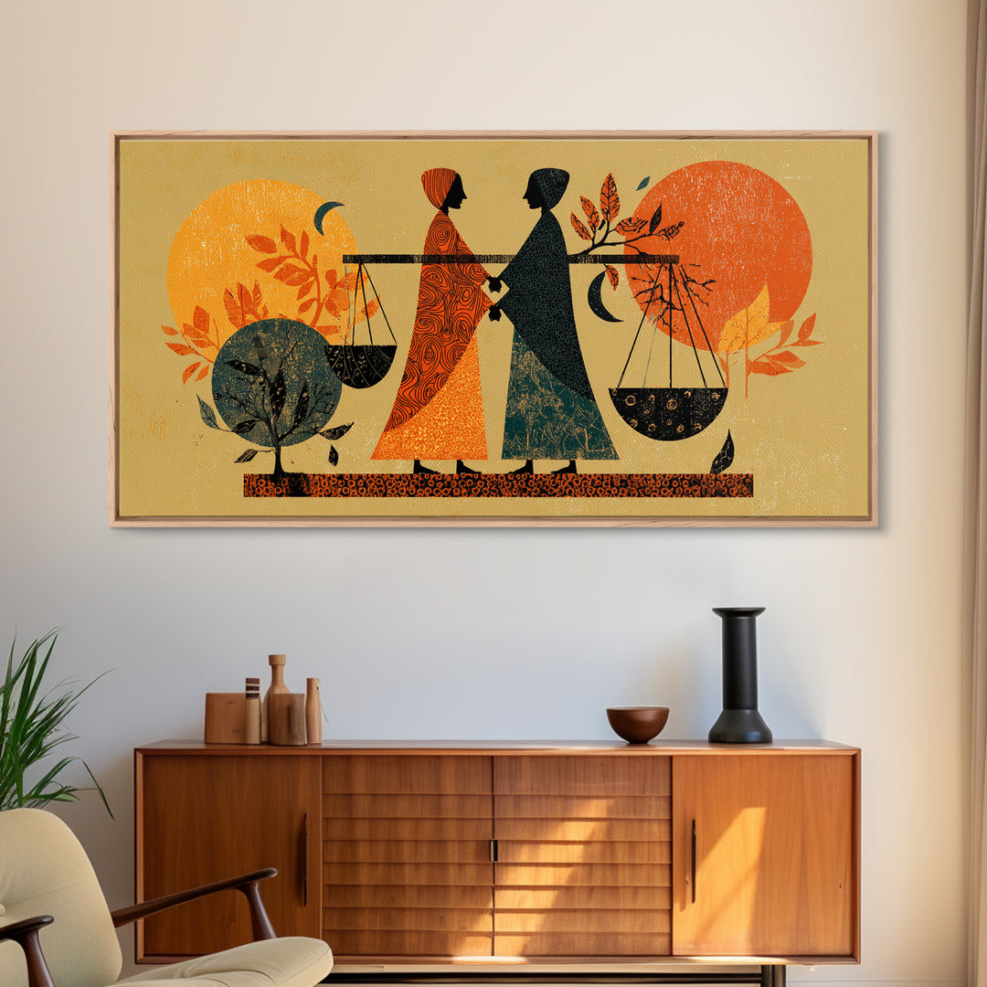 African Women Carrying Scales At Sunset Wall Art, Canvas Print, Afrocentric Decor, Cultural Justice Artwork Gift For Her
