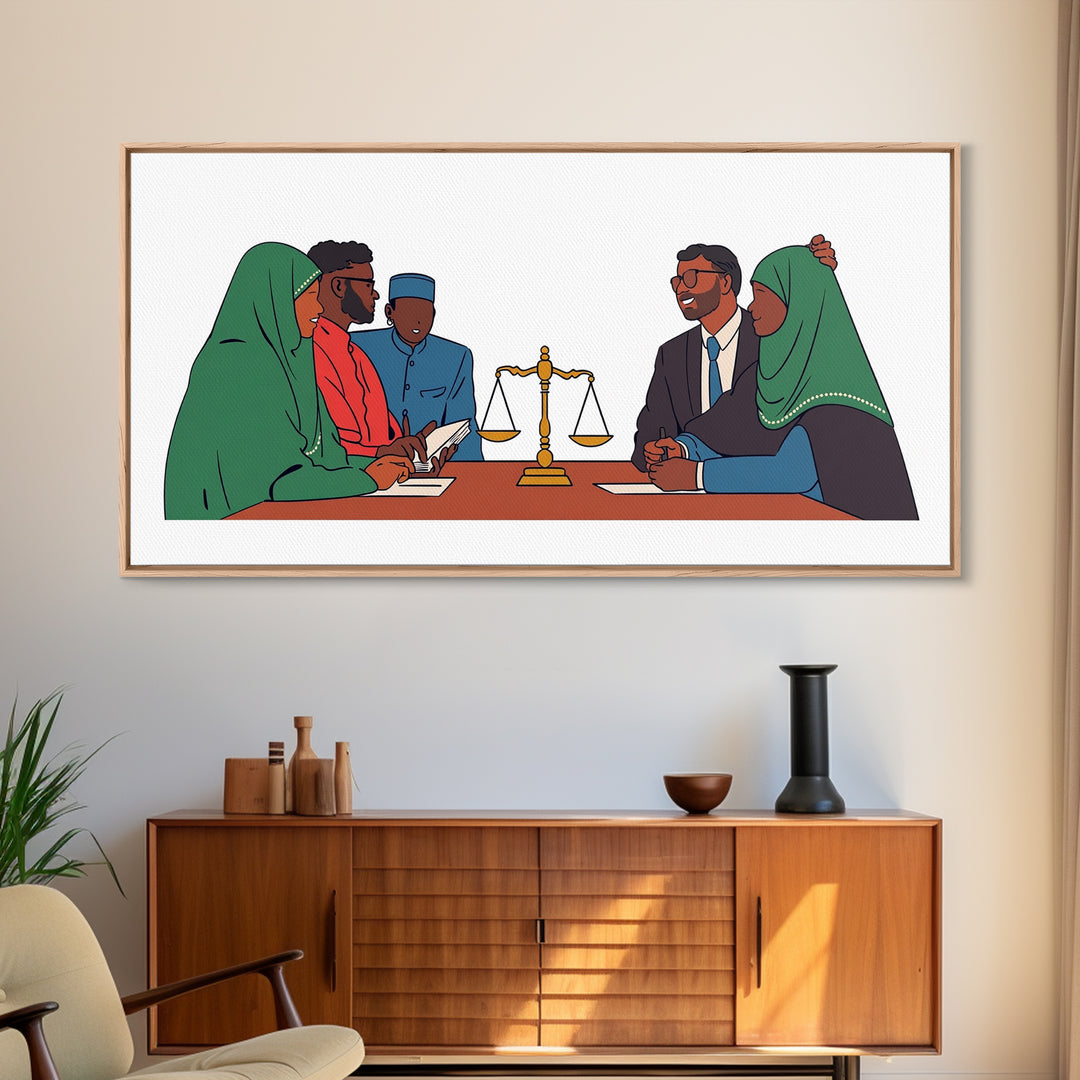 Muslim Family Mediation With Golden Scales Wall Art, Canvas Print, Legal Office Decor, Cultural Meeting Room Artwork Gift
