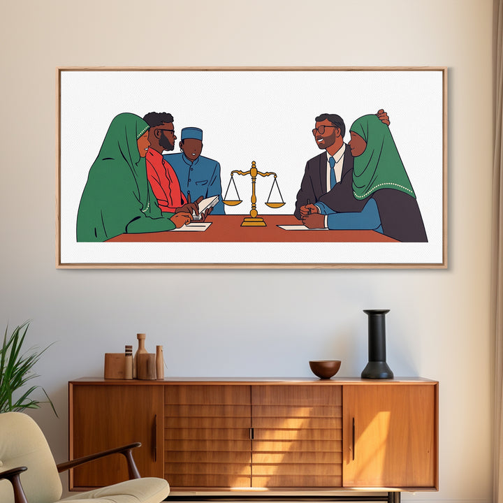 Muslim Family Mediation With Golden Scales Wall Art, Canvas Print, Legal Office Decor, Cultural Meeting Room Artwork Gift