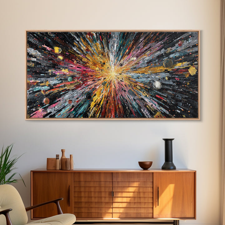 Exploding Universe Starburst With Planets Canvas Print, Abstract Wall Art, Colorful Space Decor, Modern Galaxy Art Gift Idea
