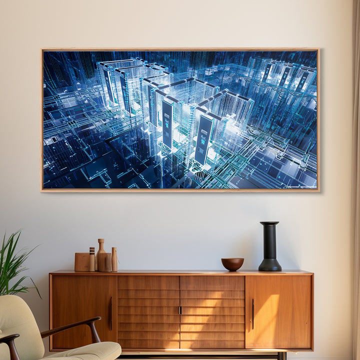 Blue Afrofuturist Data City, Glowing Digital Towers Wall Art, Modern African Abstract, Tech Office Decor, Unique Canvas Gift