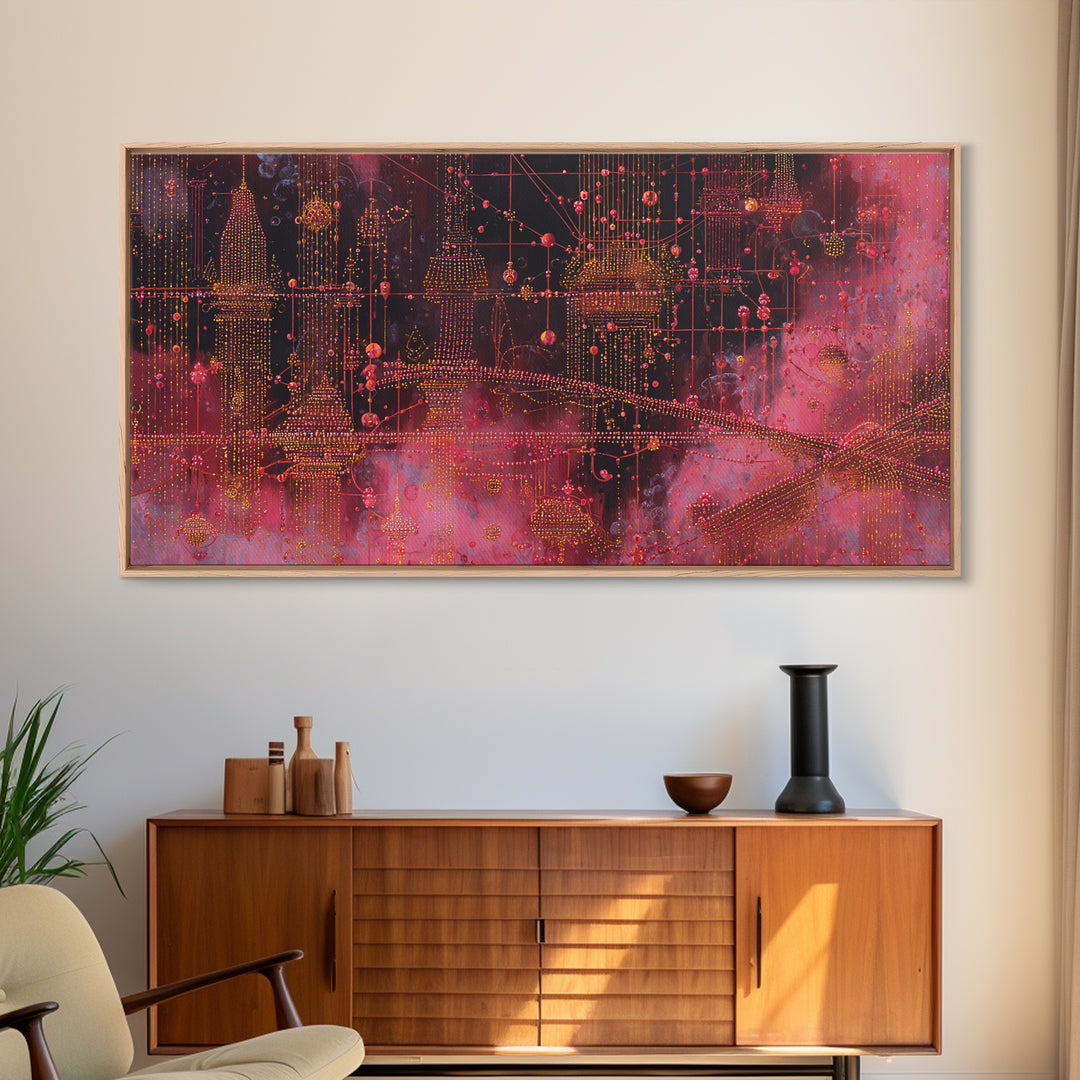 Crimson Circuit Dreamscape With Golden Towers Canvas Print, Modern African Art Abstract, Afrofuturism Decor, Bold Wall Decor