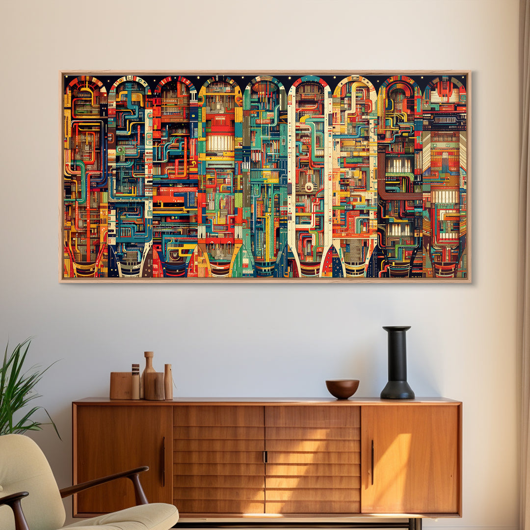 Vibrant Archway Circuit Maze Canvas Print, Colorful African Art Abstract, Afrofuturism Wall Art, Bold Living Room Decor Gift