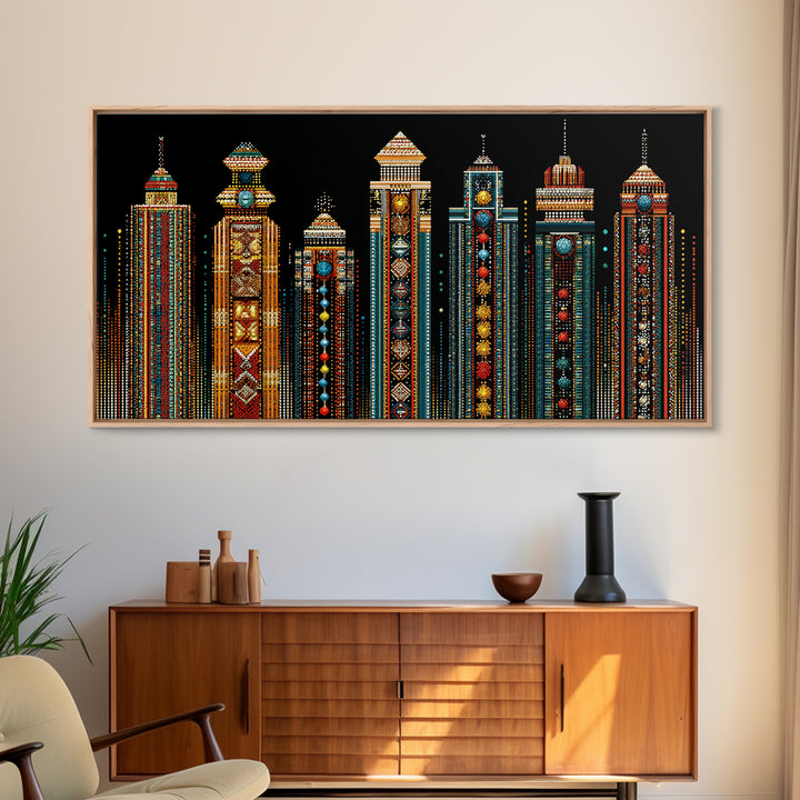 Ornate African Futurist Towers Framed Canvas Print, Tribal Pattern Wall Art, Black Culture Art, Elegant Home Decor, Unique Gift
