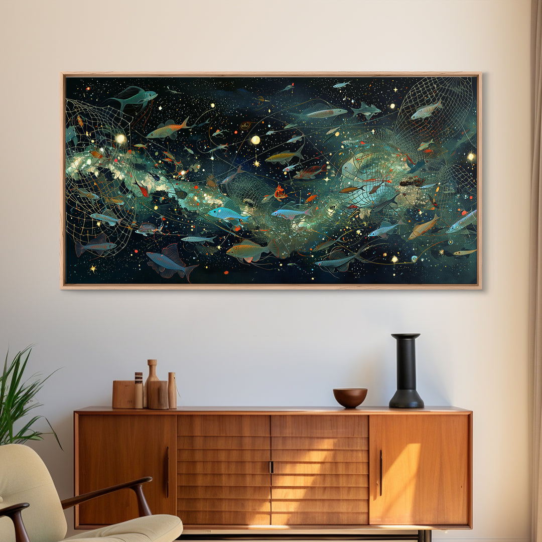 Cosmic Underwater Fish Galaxy Wall Art, Dreamy Ocean Canvas Print, African Inspired Nature Scene Art, Teal Modern Decor Gift