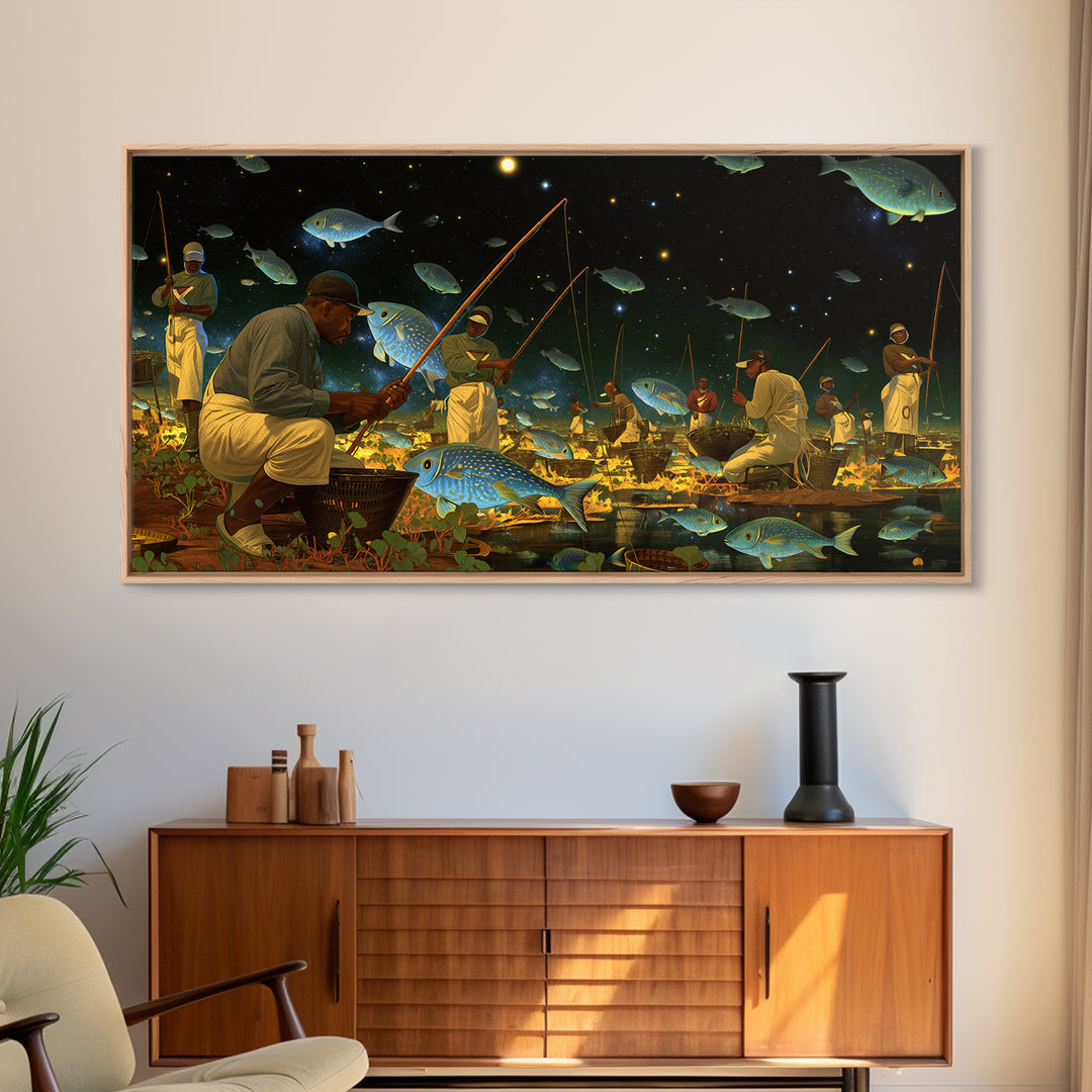 Black Fishermen Under Starry Fish Sky Canvas Print, African Wall Art, Afrocentric Culture Art, Magical Night Decor, Unique Gift