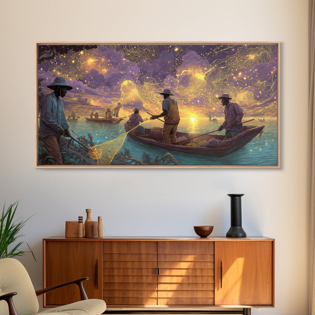 Golden Sunset Fishermen And Glowing Nets Wall Art, African Inspired Landscape, Black Culture Art, Serene Boat Canvas Print