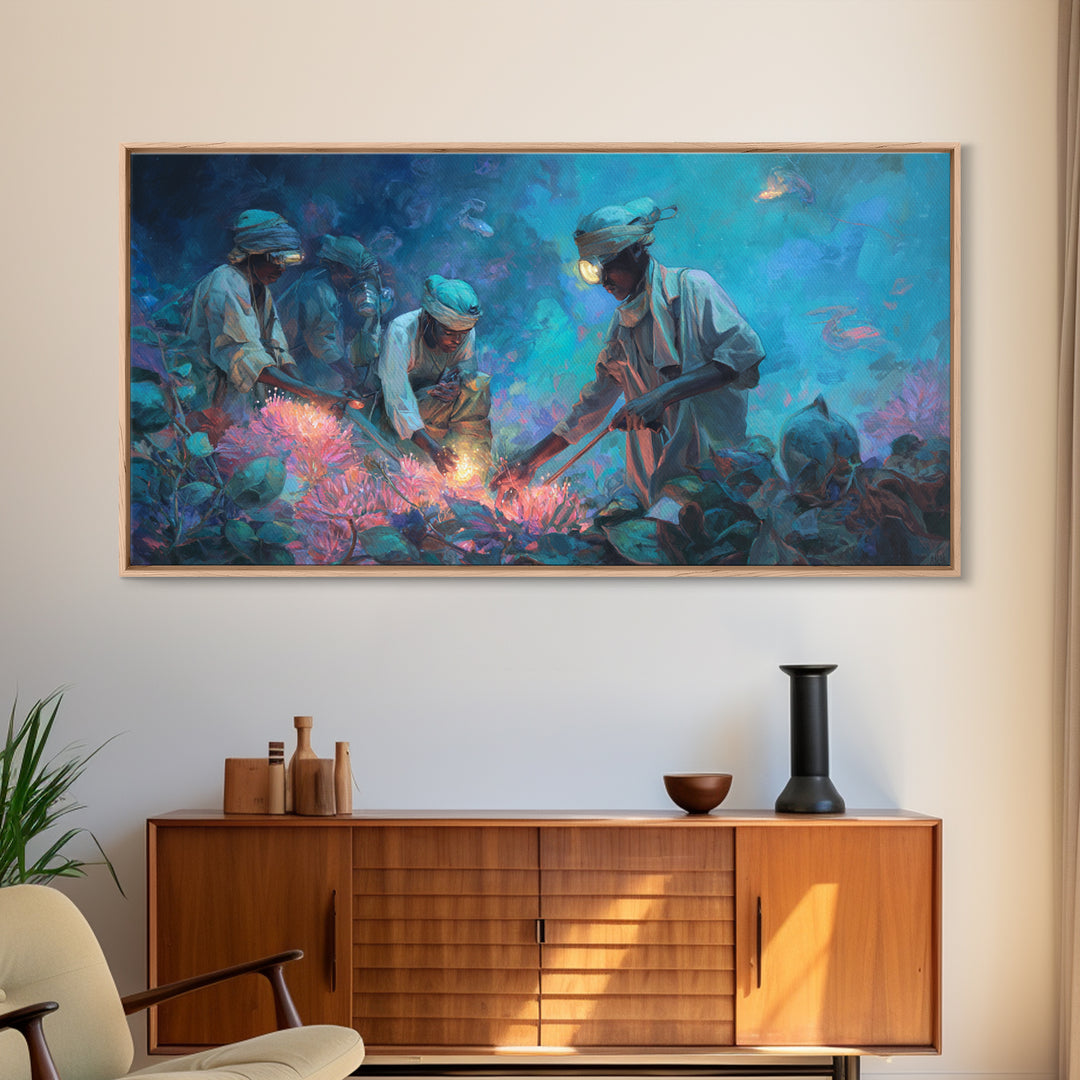 Blue Coral Harvest Divers Framed Canvas Print, African Ocean Wall Art, Contemporary Nature Scene, Unique Home Decor Gift