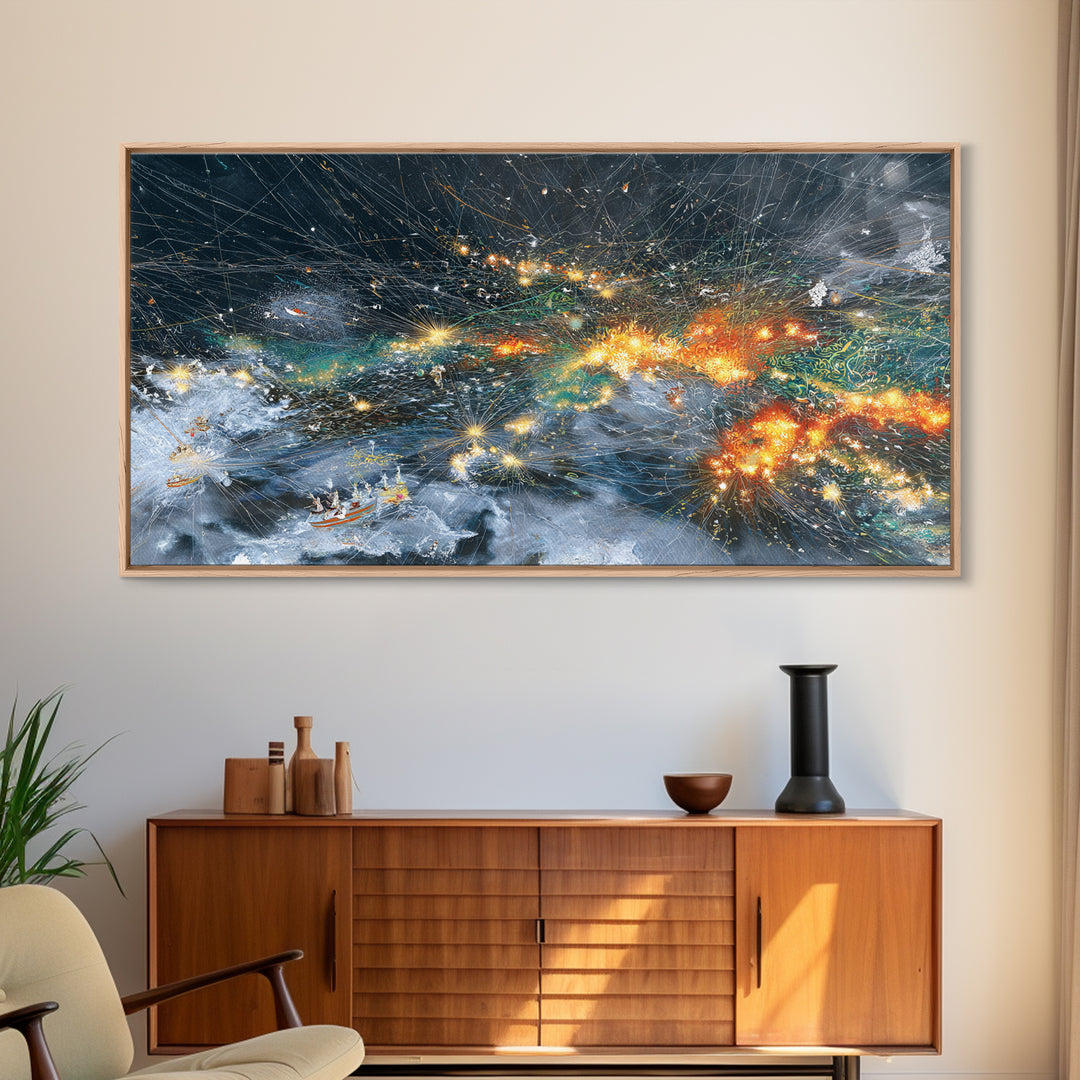 Celestial Ocean Storm With Glowing Boats Wall Art, Abstract African Art Print, Modern Coastal Decor, Night Sea Statement Piece