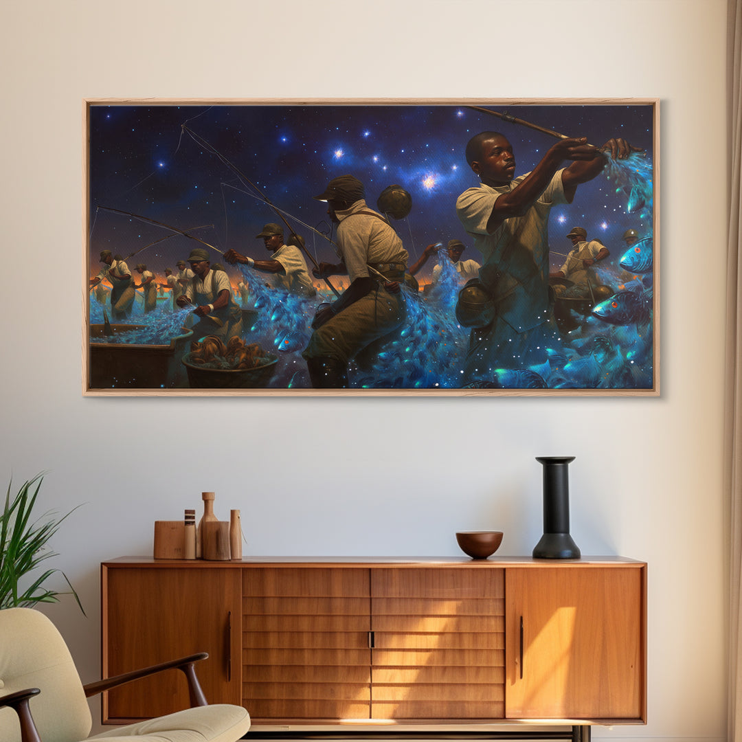 Starlit African Night Fishermen With Glowing Blue Fish Canvas Print, Afrocentric Wall Decor, Black Culture Art, Unique Home Decor