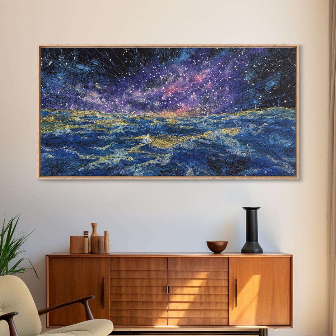 Galaxy Ocean Waves Under Starry Sky Canvas Print, Abstract Wall Art, Blue Gold Seascape, Dreamy Modern Home Decor, Large Decor Art