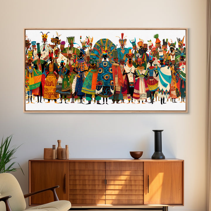 Vibrant African Tribal Festival Crowd With Masks Canvas Print, Afrocentric Wall Art, Colorful African Art, Cultural Decor