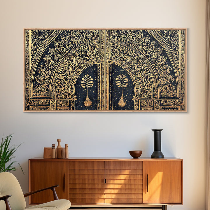 Gold Ornate African Arch Door With Palm Motifs Framed Canvas Print, Moroccan Wall Decor, Cultural Home Decor, Black Gold Art