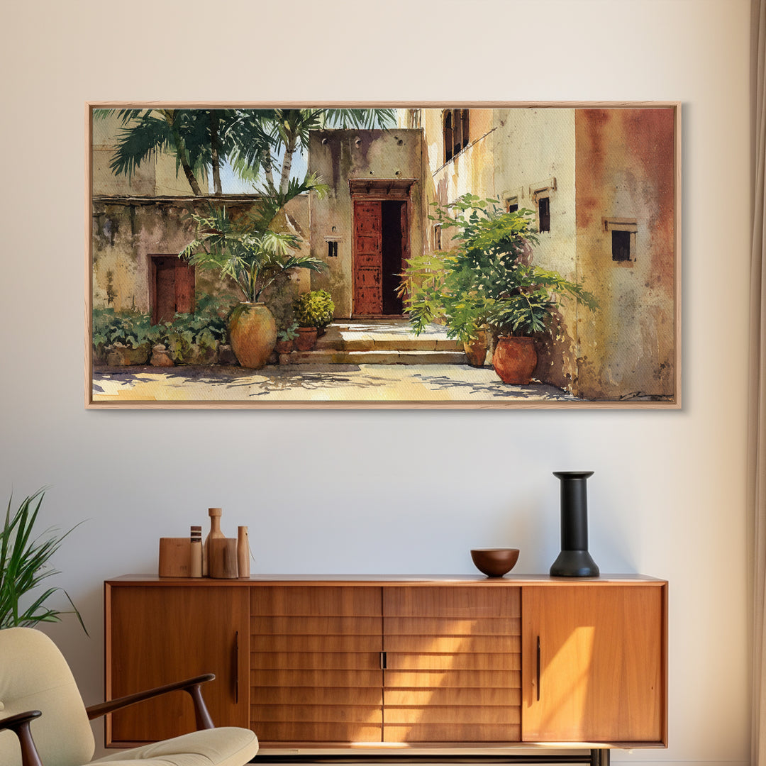 Sunlit African Courtyard With Red Door Wall Art, Tropical Village Painting, African Wall Decor, Boho Home Decor Gift For Her