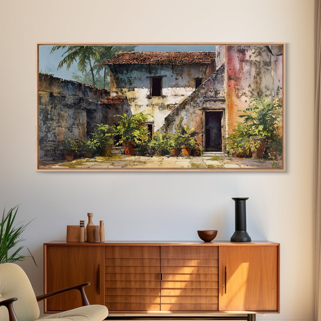 Weathered Blue African Courtyard Wall Art, Rustic Village Painting, African Home Decor, Cultural Wall Decor For Living Room