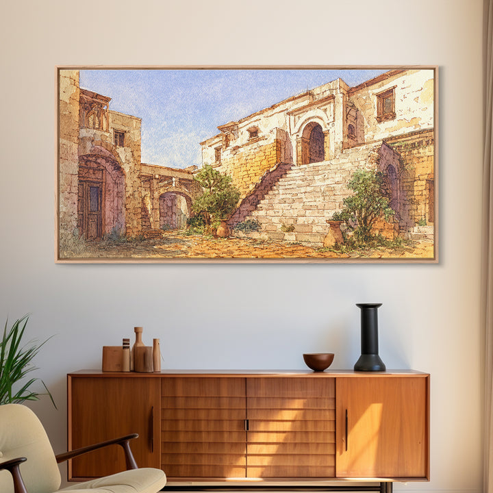 Sunlit Stone Stairway And Arches Framed Canvas Print, African Inspired Architecture Art, Beige Wall Art, Elegant Home Decor