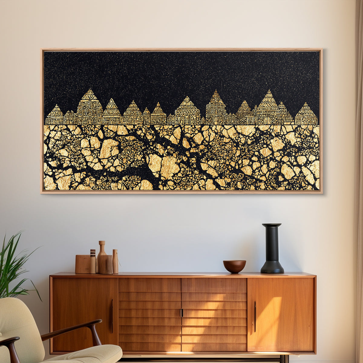 Golden Tribal Village Under Stars Canvas Print, African Tribal Art, Black And Gold Art, Cultural Wall Decor, Statement Piece