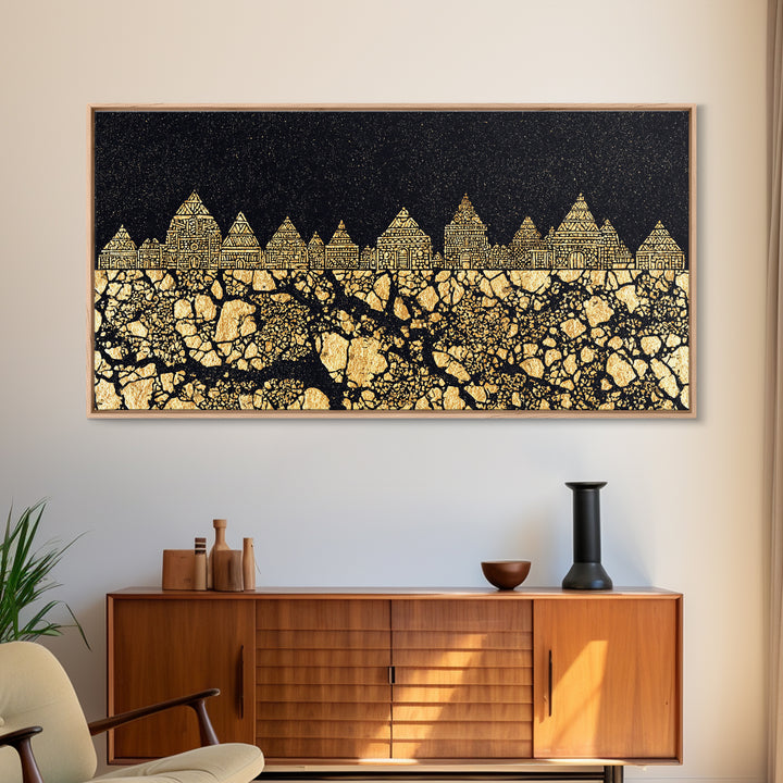 Golden Tribal Village Under Stars Canvas Print, African Tribal Art, Black And Gold Art, Cultural Wall Decor, Statement Piece
