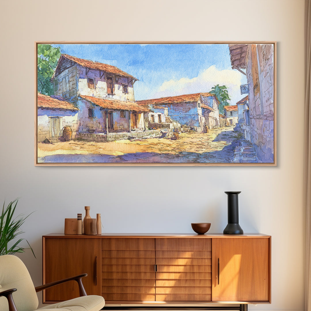 Sunlit African Village Street Wall Art, Rustic Blue Houses Painting, African Landscape, Cultural Home Decor, Large Wall Art