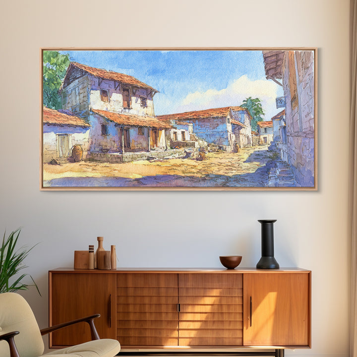 Sunlit African Village Street Wall Art, Rustic Blue Houses Painting, African Landscape, Cultural Home Decor, Large Wall Art