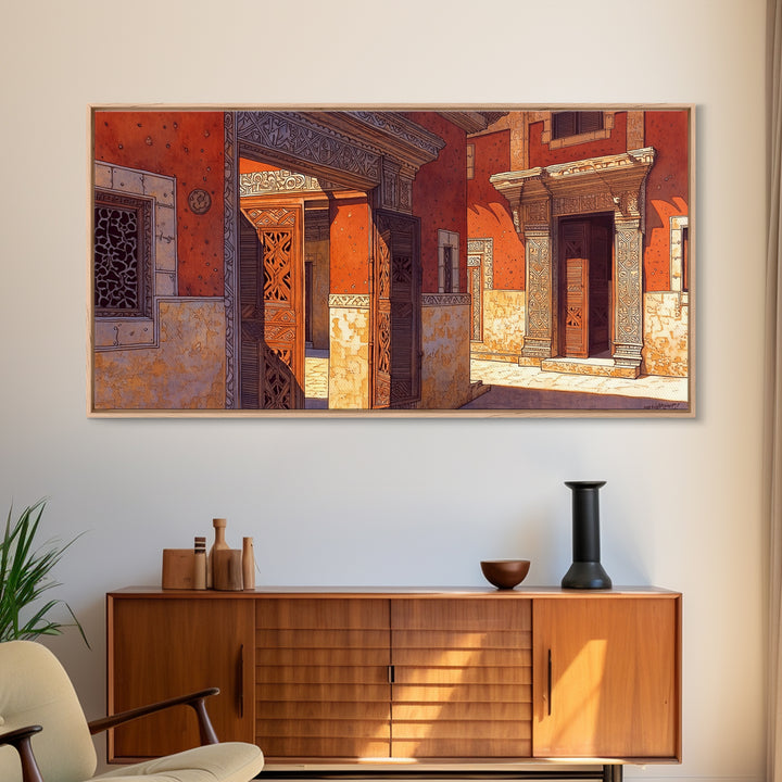 Ornate Orange African Doorway Framed Canvas Print, Swahili Architecture Art, African Wall Decor, Bold Home Decor Gift For Him