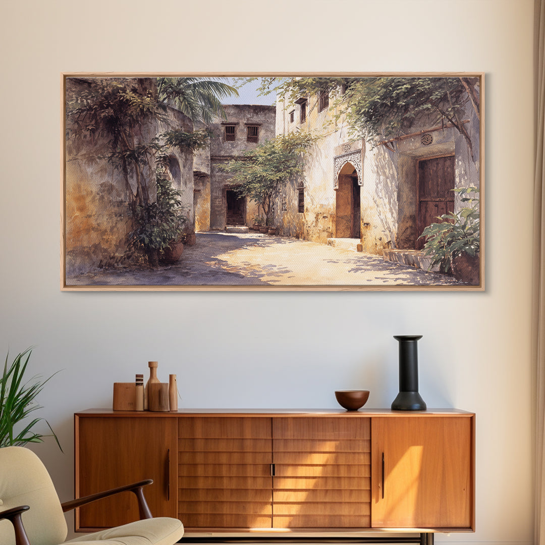Shaded Tropical African Courtyard Wall Art, Old Stone Doorway Painting, African Home Decor, Boho Wall Decor, Unique Gift