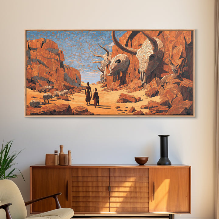 African Desert Canyon With Horned Skulls Wall Art, Tribal Journey Painting, African Warrior Art, Rustic Safari Decor Gift