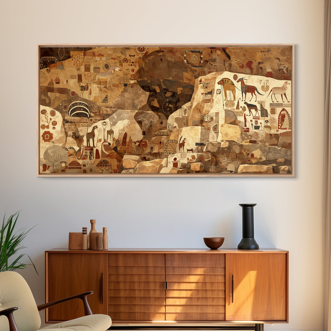 Ancient Sahara Cave Mural With Tribal Animals Wall Art African Safari Art, Earth Tone Cultural Decor For Living Room Statement Piece
