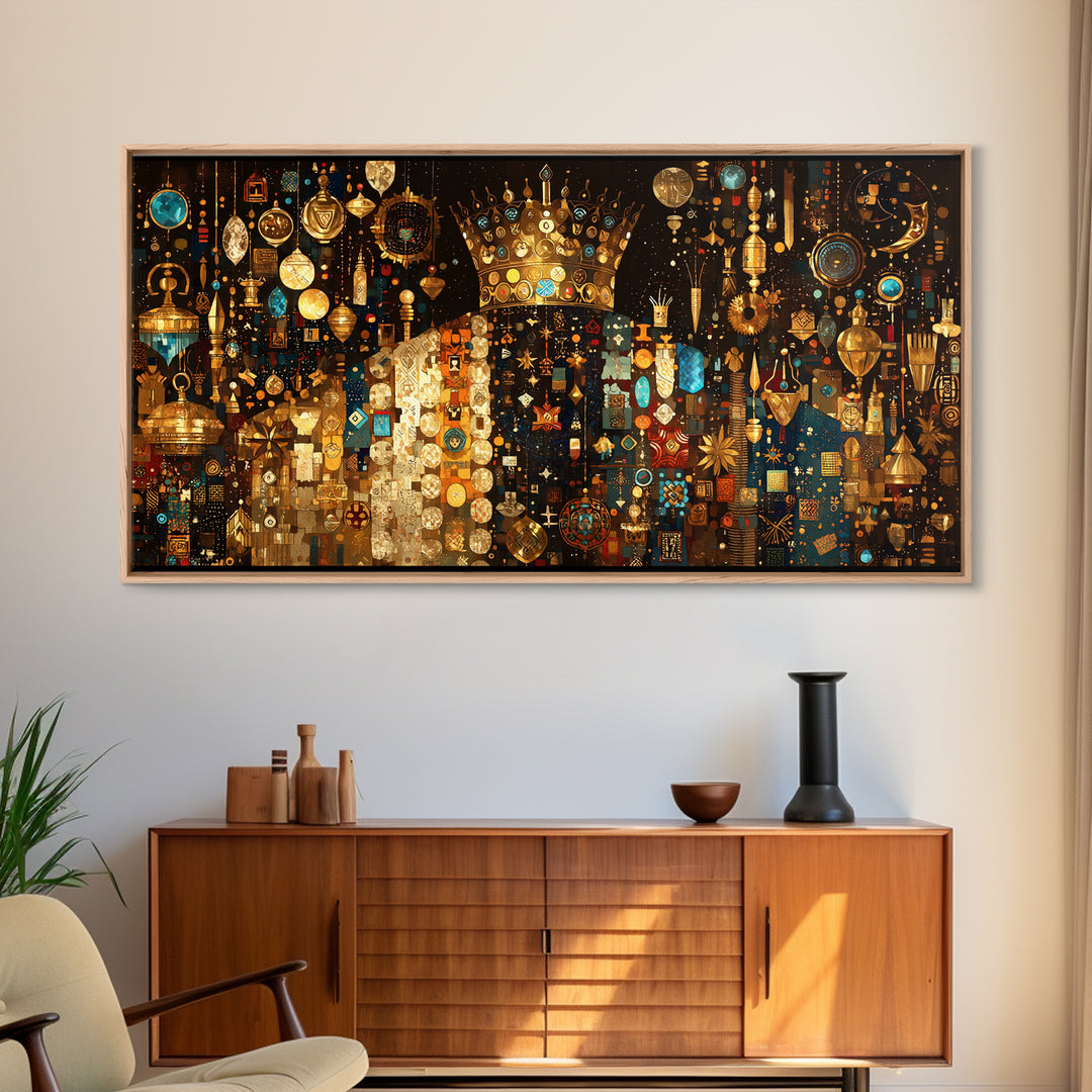 Jeweled African Queen In Gold And Turquoise Framed Canvas Print Black Goddess Art, Luxury Afrocentric Wall Decor Gift For Her