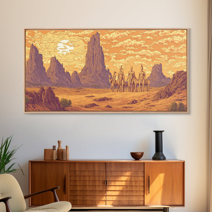 Five Desert Warriors Beneath Orange Sun Canvas Print African Warrior Art, Tribal Landscape Decor, Bold Southwest Wall Art Print