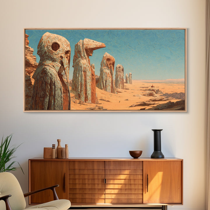Colossal Desert Mask Monuments Under Blue Sky Wall Art African Mask Art, Ancient Tribal Decor, Mystical Landscape Print Gift