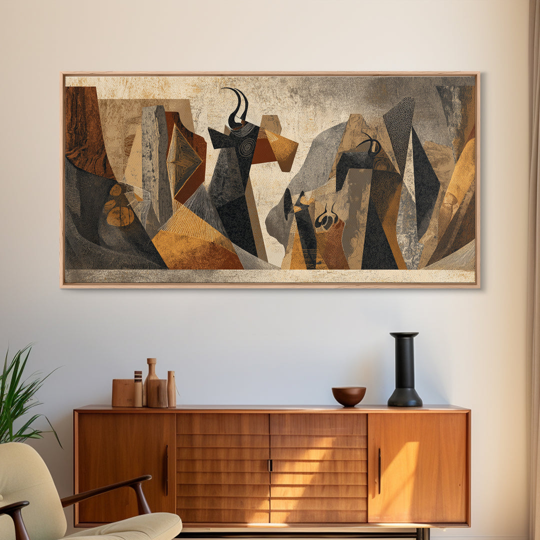 Abstract Tribal Women In Black And Gold Framed Canvas Print African Abstract Art, Modern Cubism Wall Decor For Entryway Gift