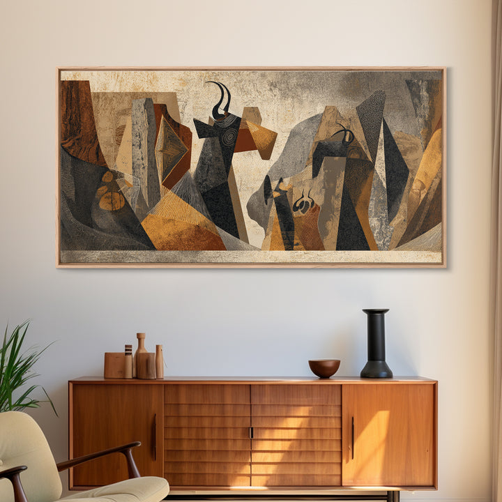 Abstract Tribal Women In Black And Gold Framed Canvas Print African Abstract Art, Modern Cubism Wall Decor For Entryway Gift