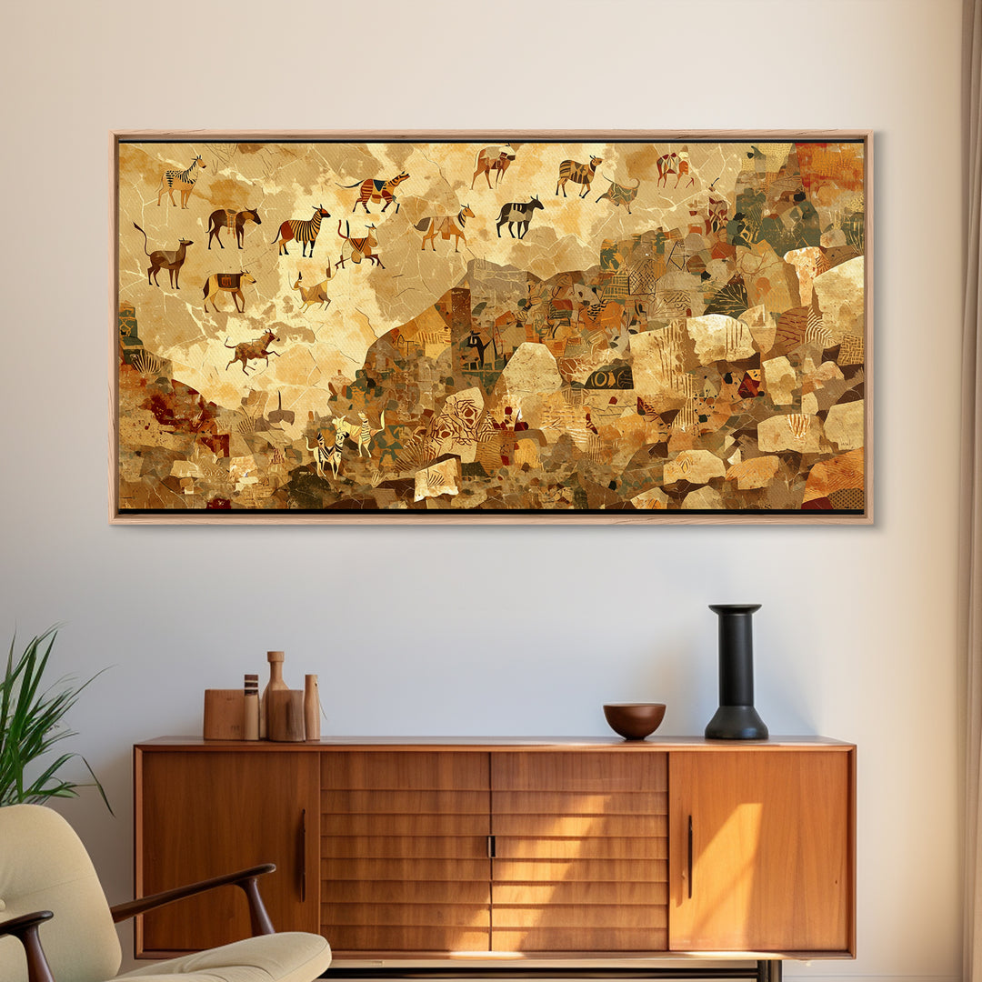 Ancient Herds Above Earthen Village Wall Art African Safari Art, Tribal Culture Landscape, Earth Tone Home Decor For Living Room