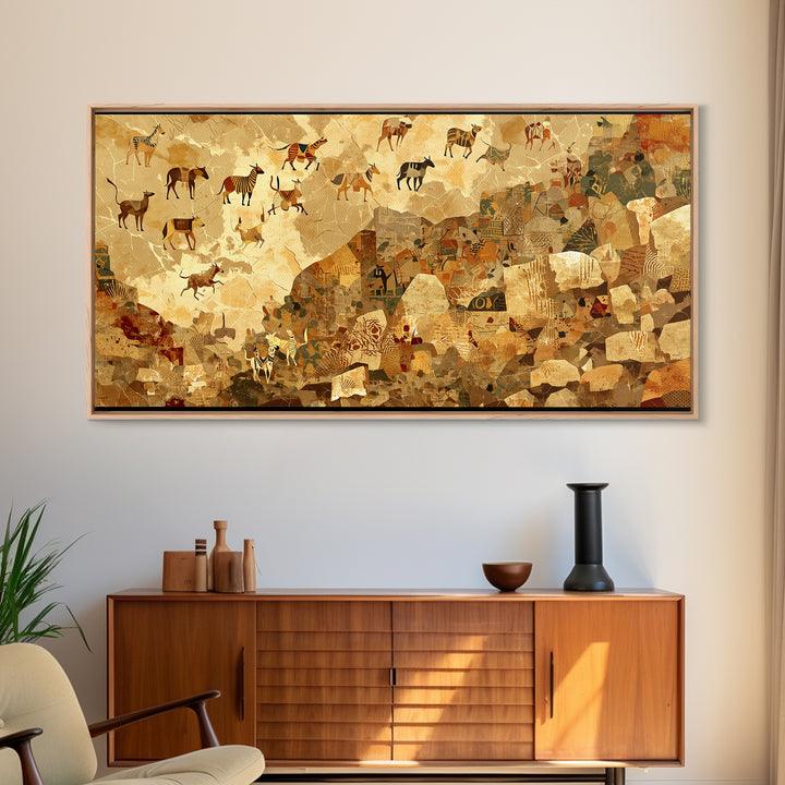 Ancient Herds Above Earthen Village Wall Art African Safari Art, Tribal Culture Landscape, Earth Tone Home Decor For Living Room