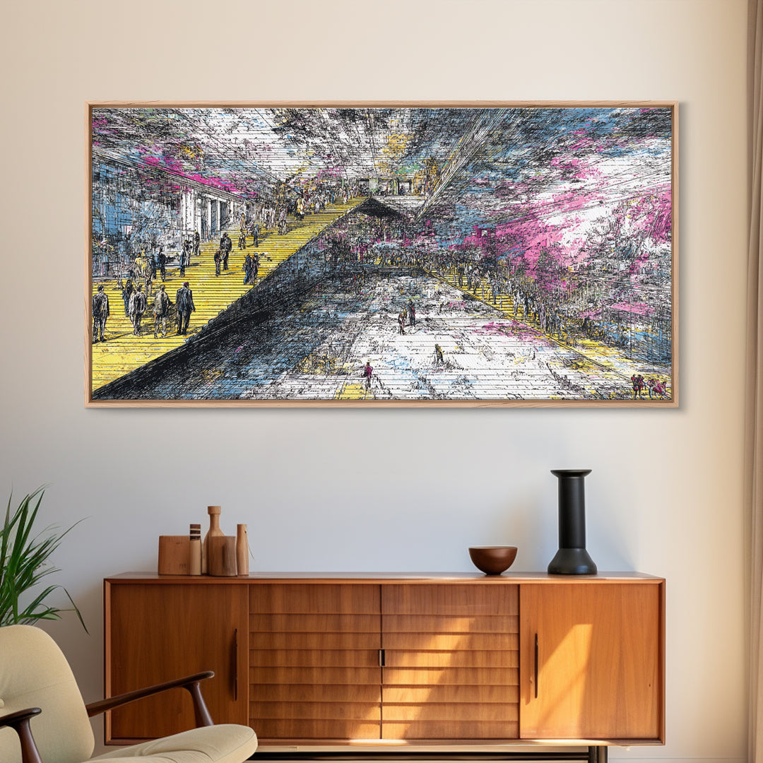 Futuristic City Transit Sketch With Yellow Stairs Wall Art, Urban Modern Art Print, Abstract Gallery Decor, Statement Canvas
